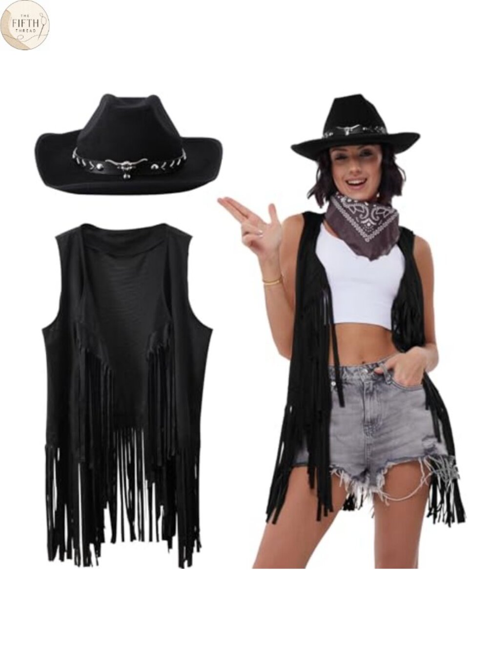 3-Piece Fringe Vest Cowboy Hat Bandana Halloween Costume Set